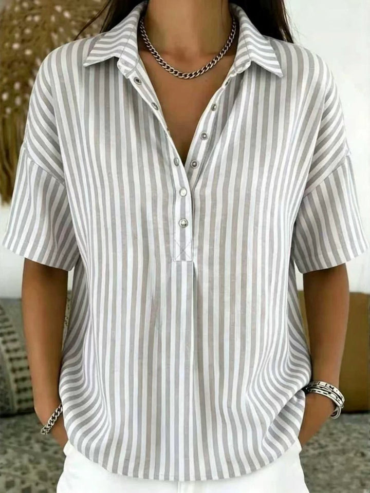 Dames Gestreepte Relaxed-Fit Korte Mouw Blouse met Kraag - Grey