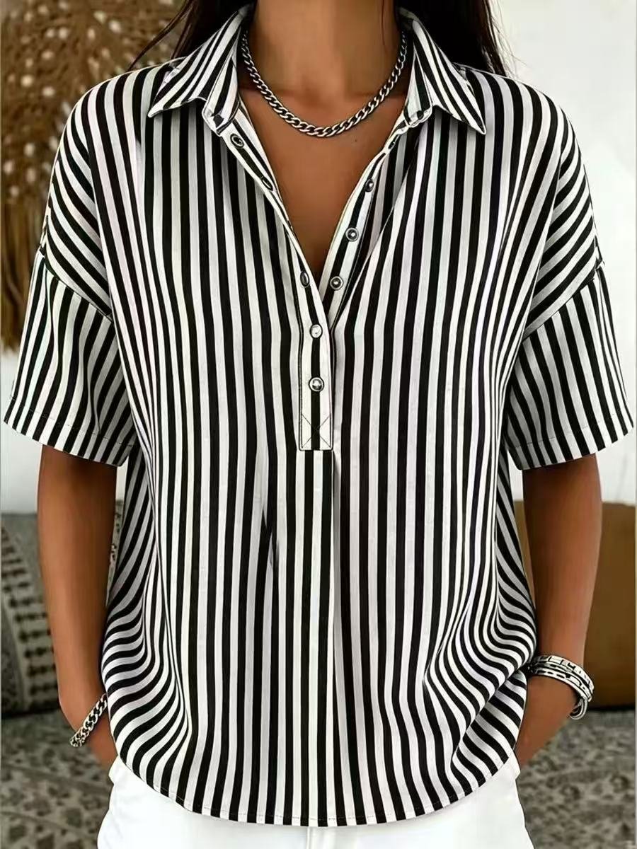 Dames Gestreepte Relaxed-Fit Korte Mouw Blouse met Kraag - Black