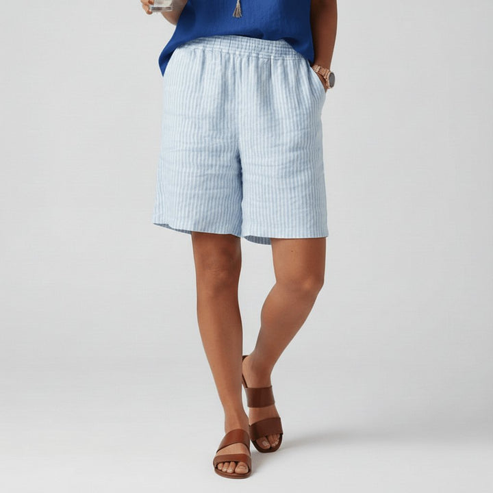 Dames Gestreepte Relaxed-Fit Shorts Elastische Taille - Sky Blue