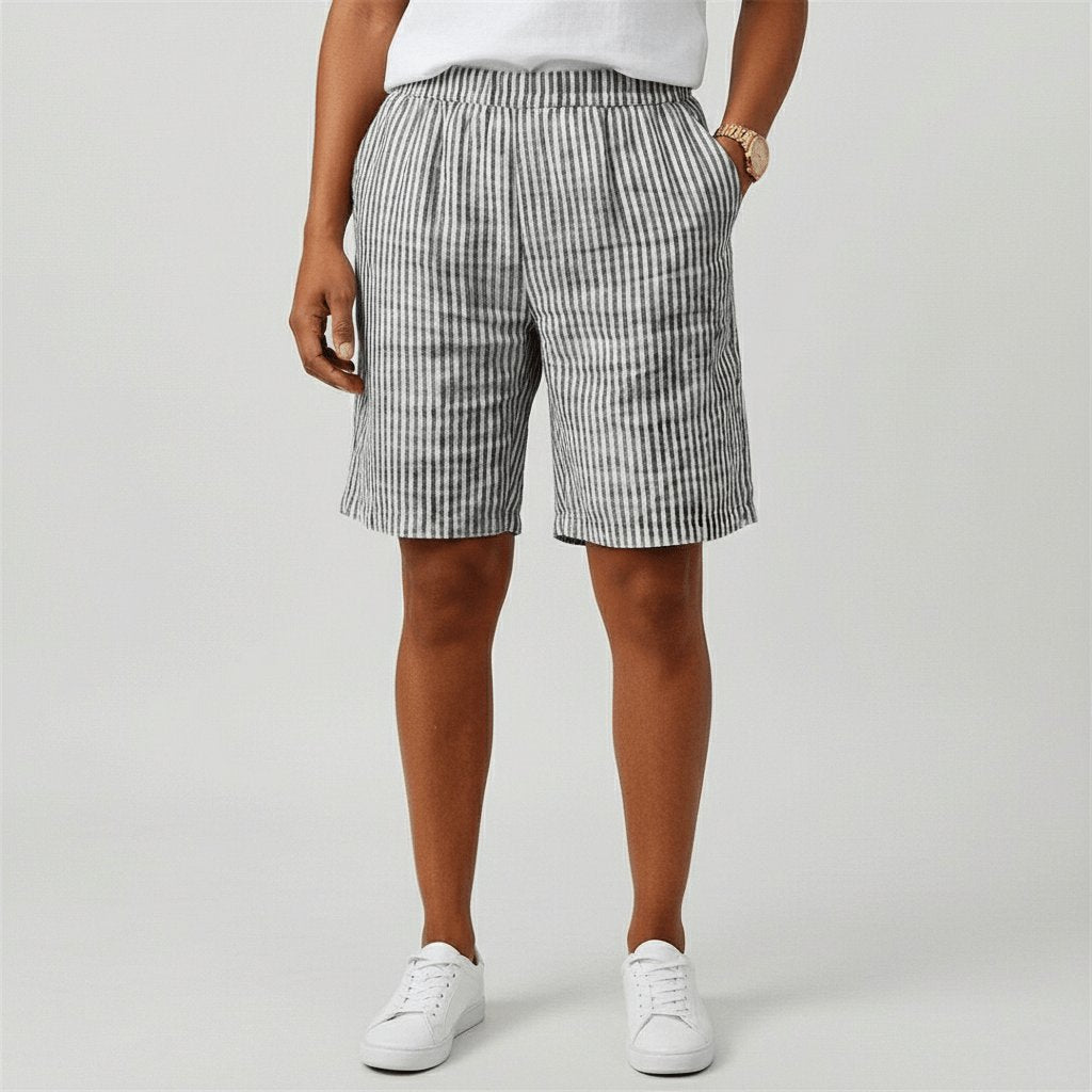 Dames Gestreepte Relaxed-Fit Shorts Elastische Taille - Monochrome Grey
