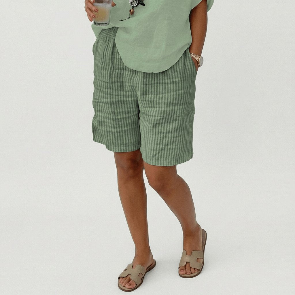 Dames Gestreepte Relaxed-Fit Shorts Elastische Taille - Mint Green