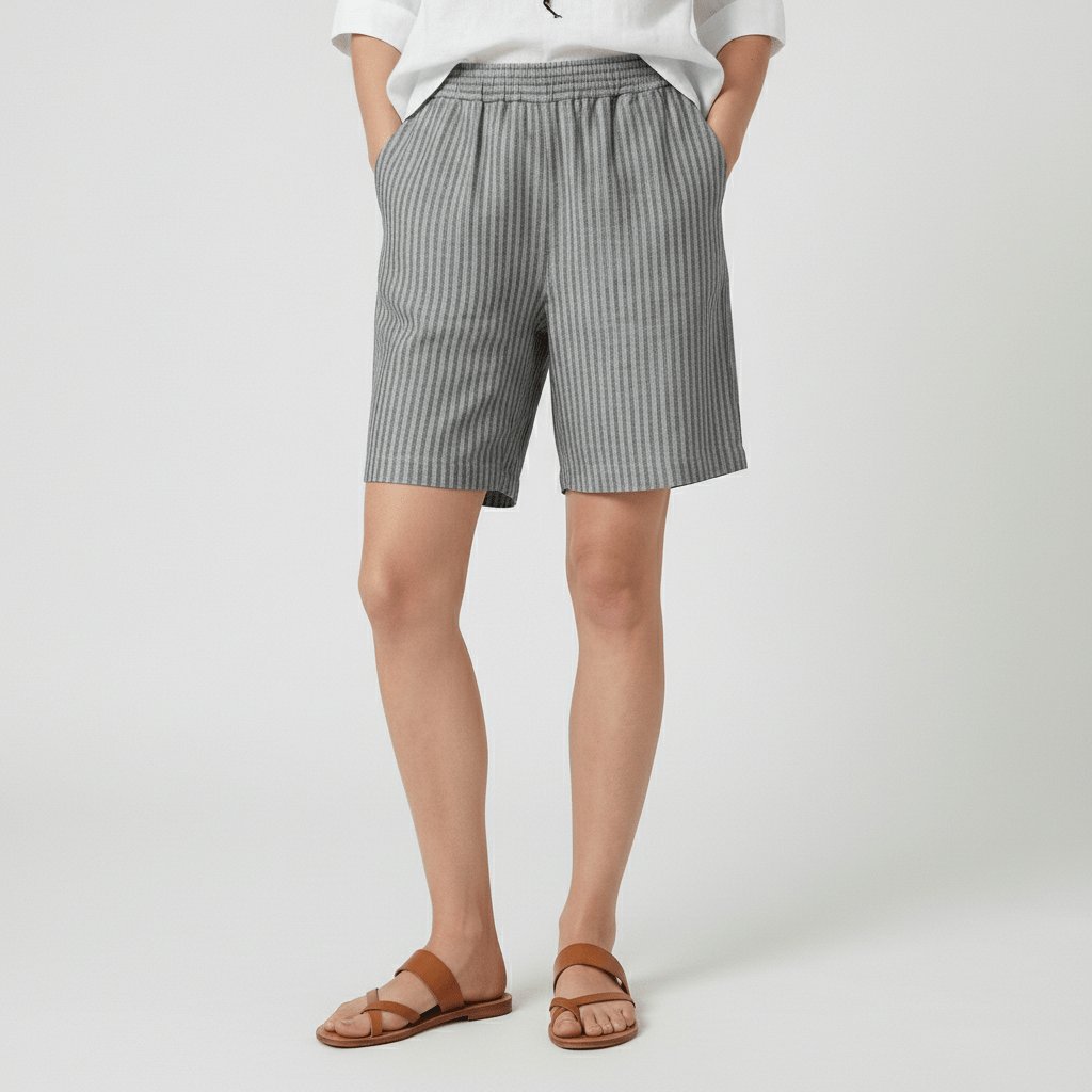 Dames Gestreepte Relaxed-Fit Shorts Elastische Taille - Stone Grey