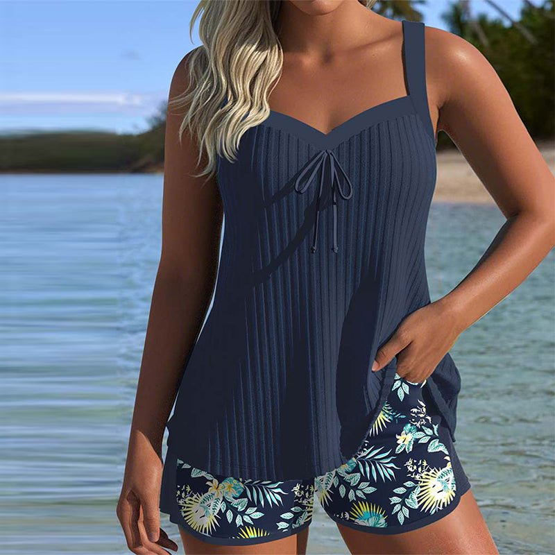 Dames Gestreepte Tankini Two-Piece Set Zwemkleding - Navy Blue