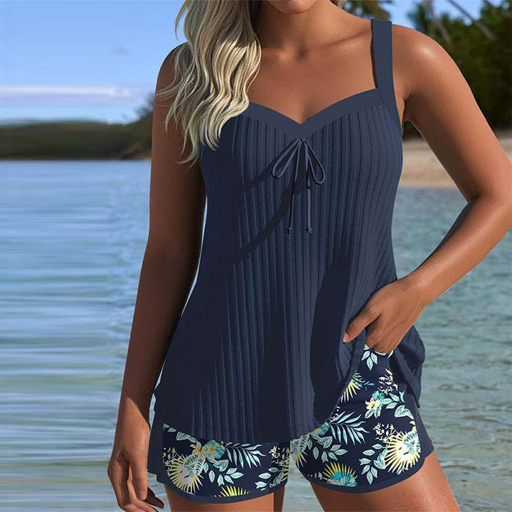 Dames Gestreepte Tankini Two-Piece Set Zwemkleding - Navy Blue