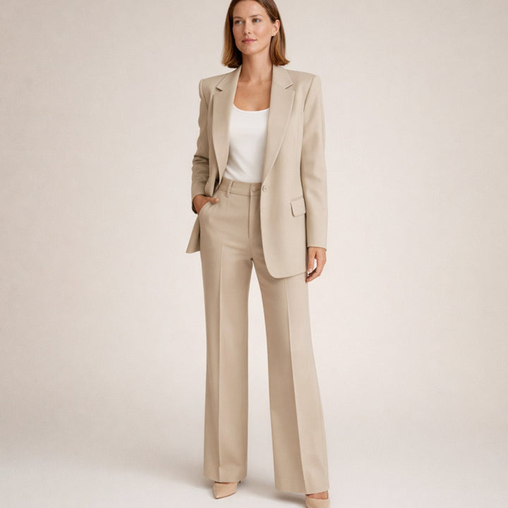 Dames Getailleerd Flared-Broek Blazer Tweedelig Pak - Beige