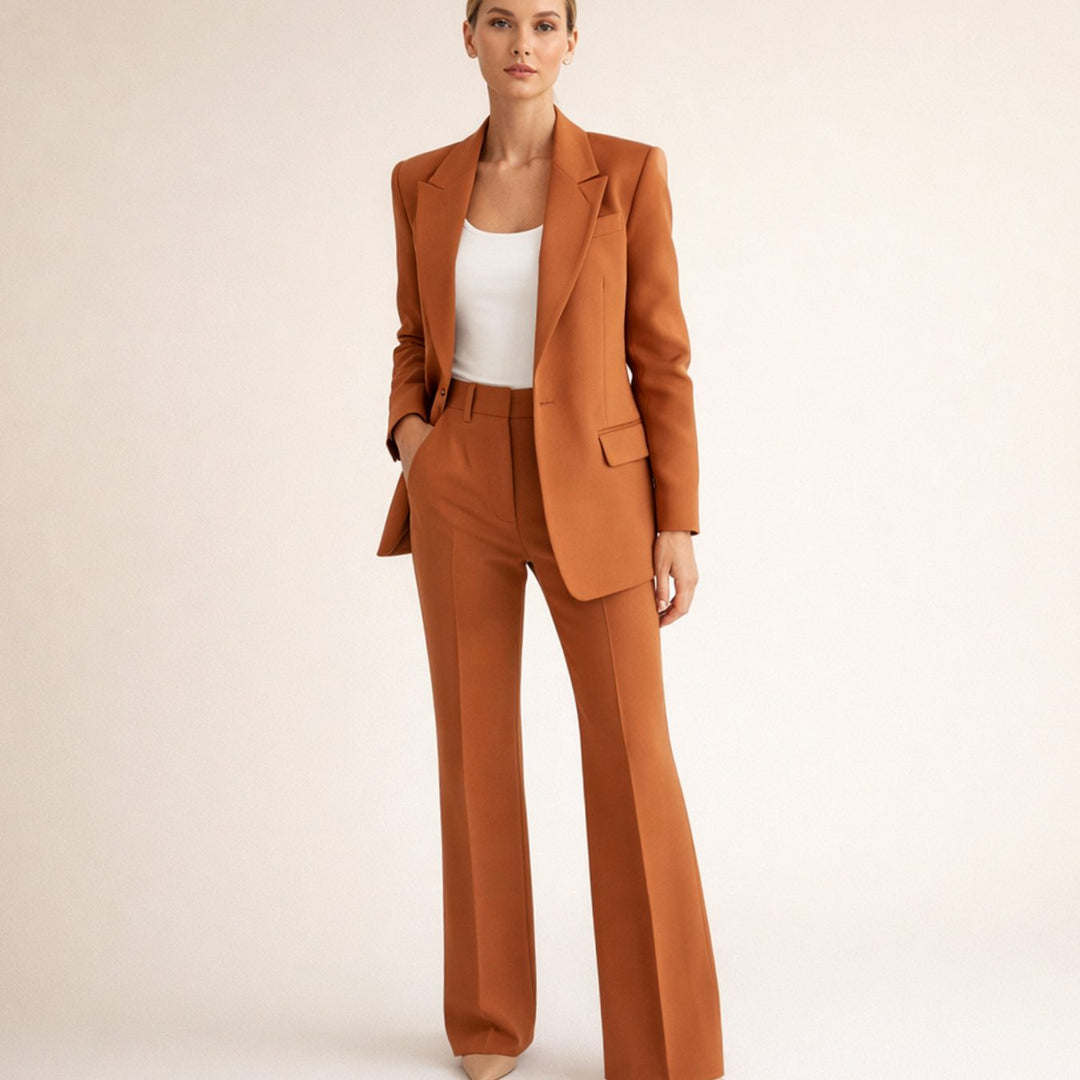 Dames Getailleerd Flared-Broek Blazer Tweedelig Pak - Bruin