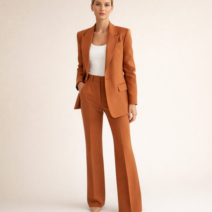 Dames Getailleerd Flared-Broek Blazer Tweedelig Pak - Bruin