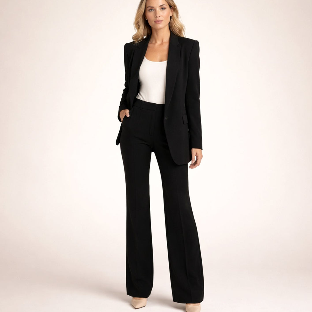Dames Getailleerd Flared-Broek Blazer Tweedelig Pak - Zwart