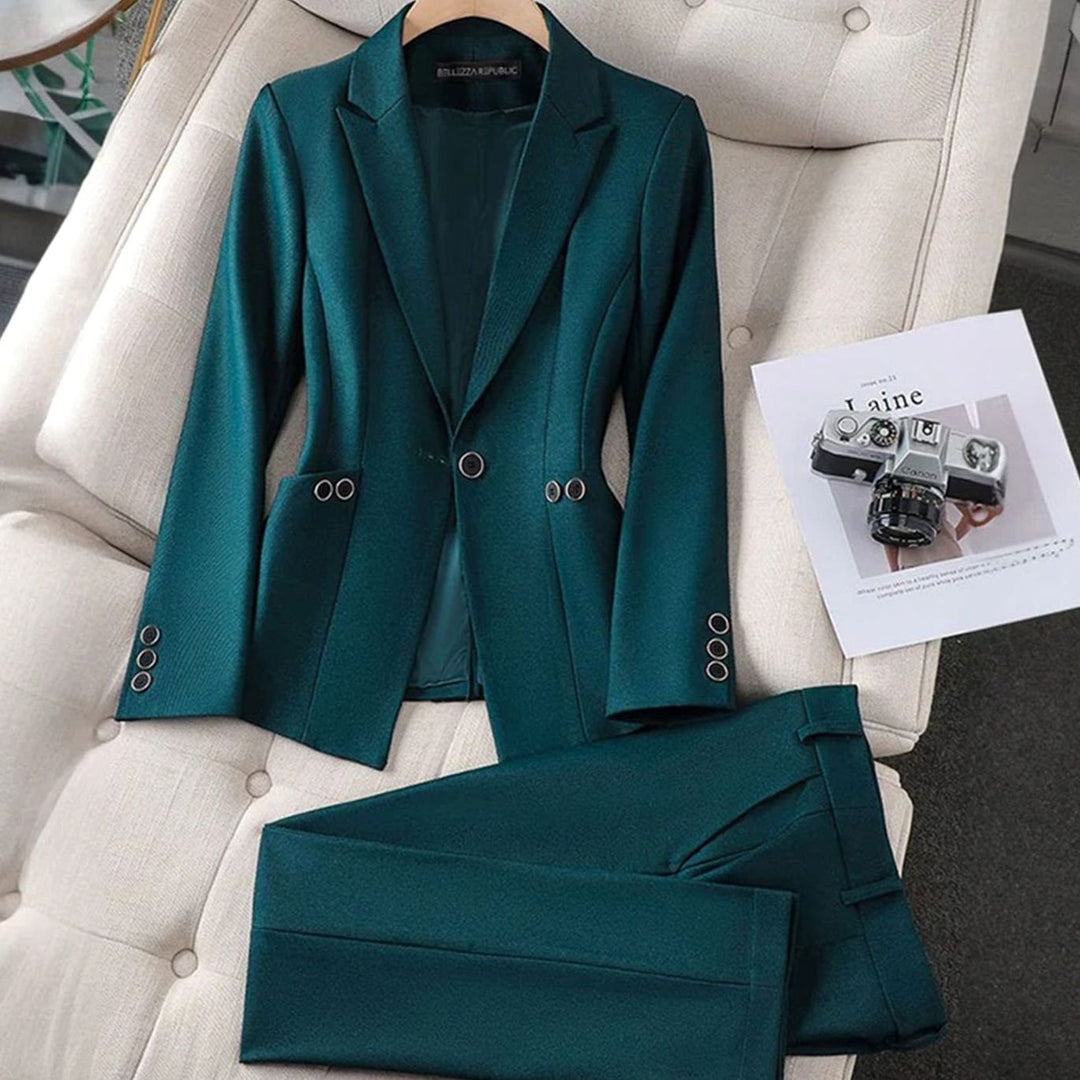 Dames Getailleerde Blazer Broekpak Set Eénknops - Donkergroen