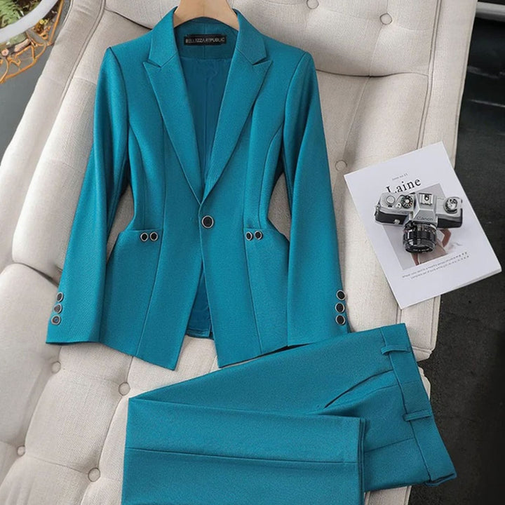 Dames Getailleerde Blazer Broekpak Set Eénknops - Blauw