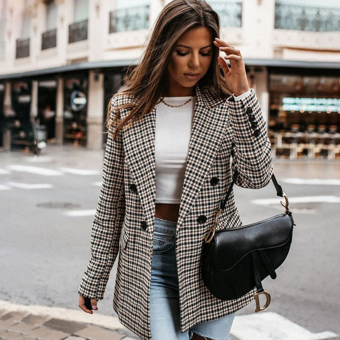 Dames Getailleerde Blazer Dubbele Knoopsluiting Pied-de-Poule - Grijs