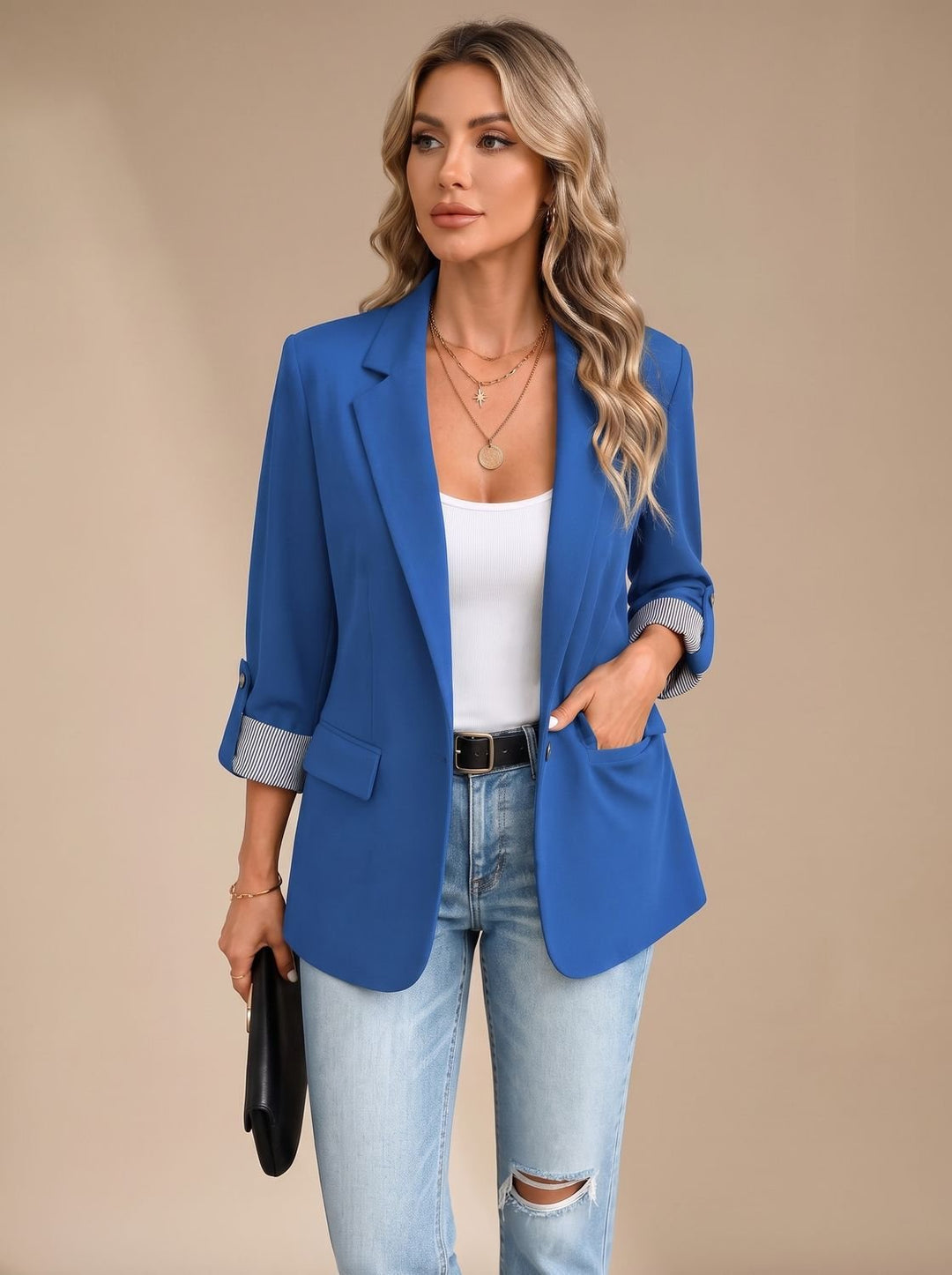 Dames Getailleerde Blazer Oprolbare Mouwen Gestreepte Manchetten - Blauw