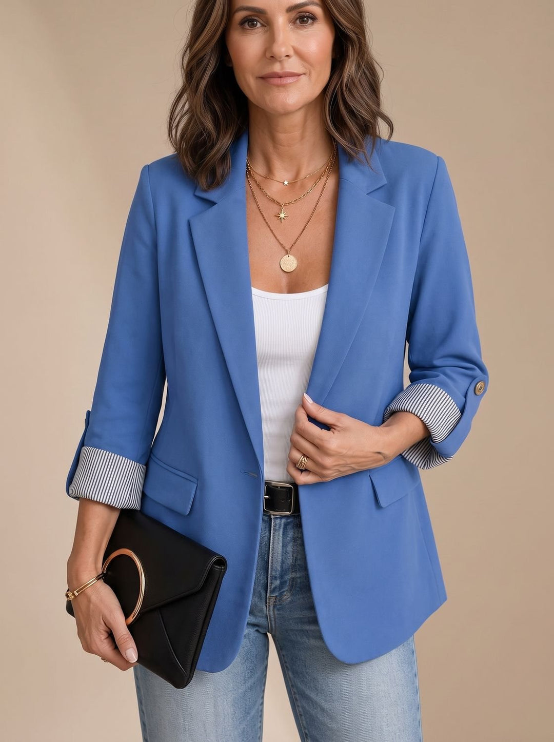 Dames Getailleerde Blazer Oprolbare Mouwen Gestreepte Manchetten