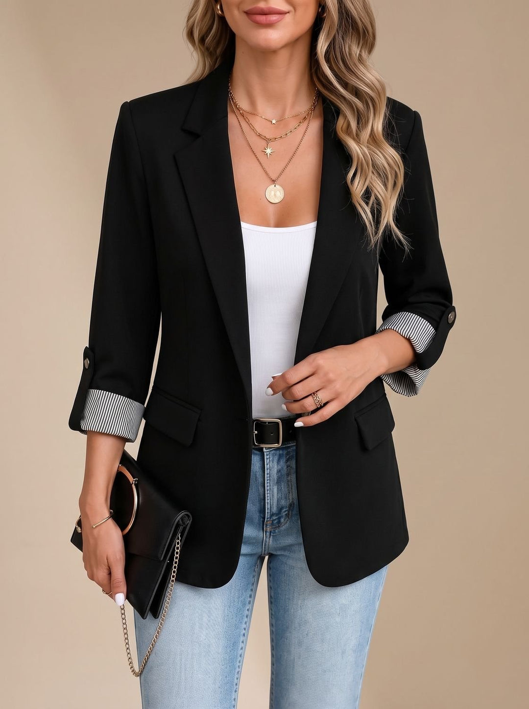 Dames Getailleerde Blazer Oprolbare Mouwen Gestreepte Manchetten - Zwart