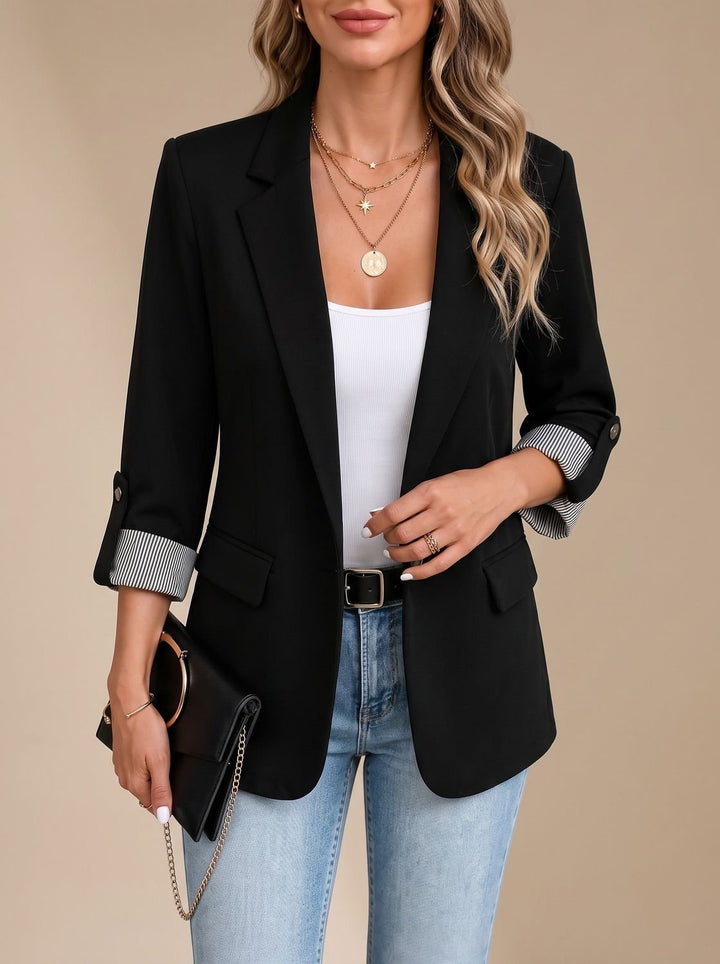Dames Getailleerde Blazer Oprolbare Mouwen Gestreepte Manchetten - Zwart