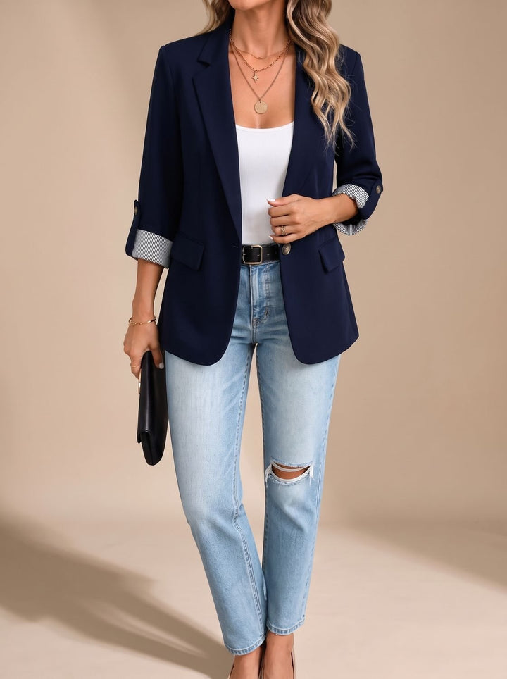 Dames Getailleerde Blazer Oprolbare Mouwen Gestreepte Manchetten - Marineblauw