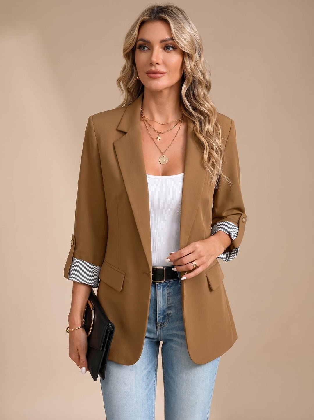 Dames Getailleerde Blazer Oprolbare Mouwen Gestreepte Manchetten - Bruin