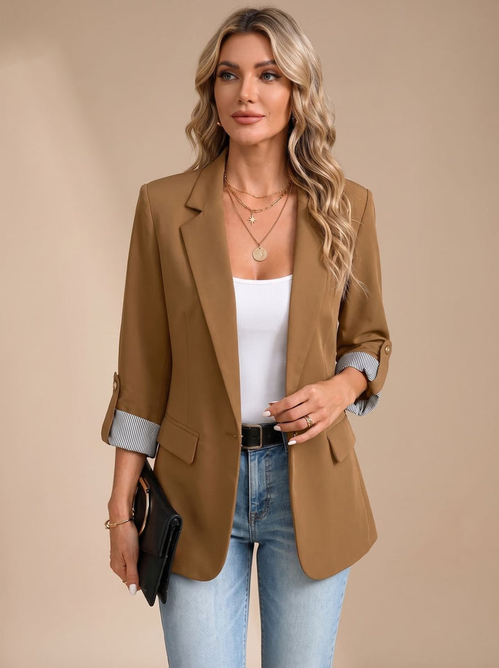 Dames Getailleerde Blazer Oprolbare Mouwen Gestreepte Manchetten - Bruin
