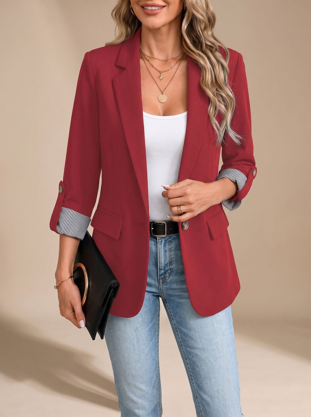 Dames Getailleerde Blazer Oprolbare Mouwen Gestreepte Manchetten - Rood