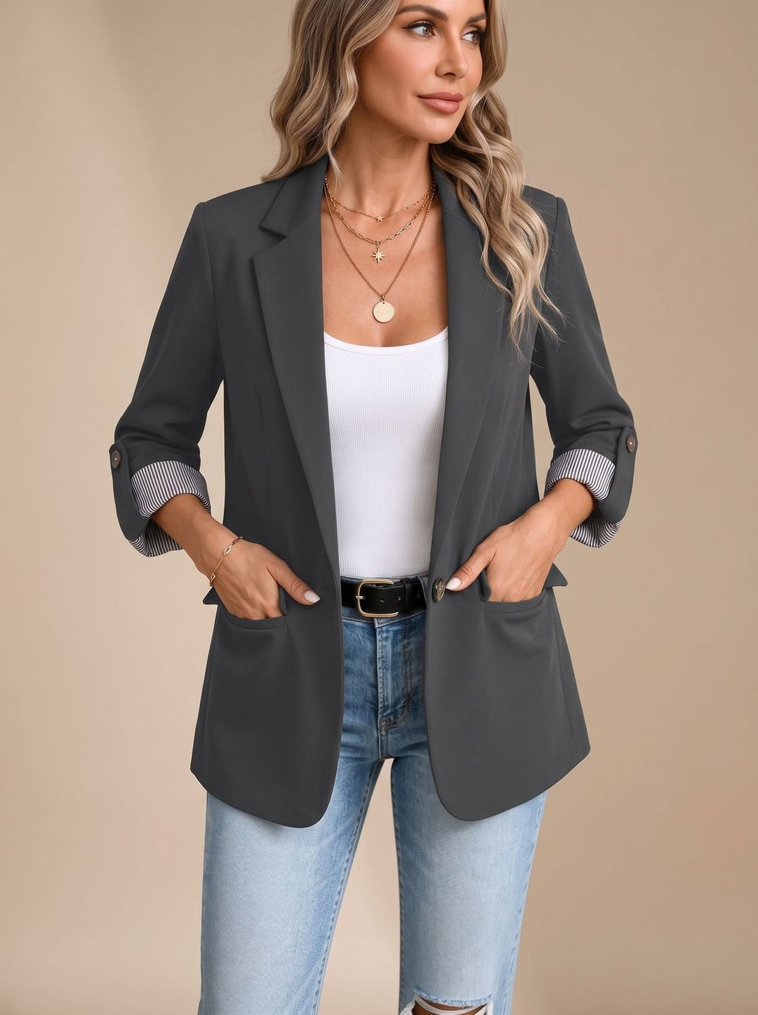 Dames Getailleerde Blazer Oprolbare Mouwen Gestreepte Manchetten - Donkergrijs