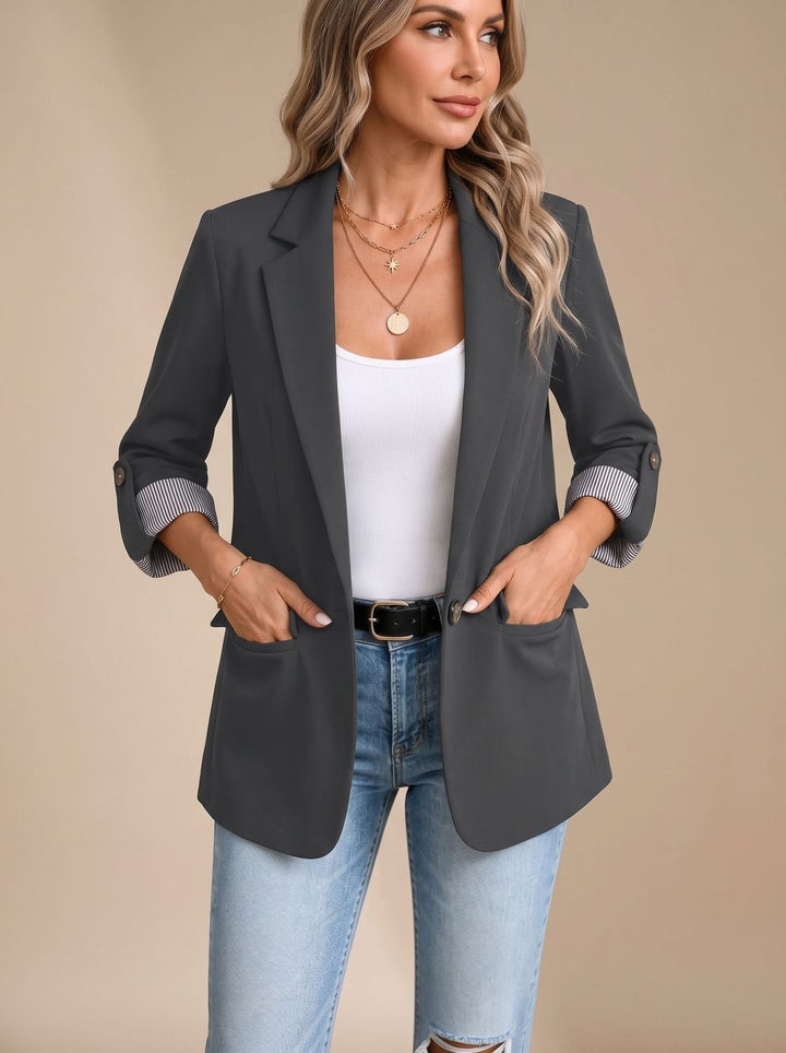 Dames Getailleerde Blazer Oprolbare Mouwen Gestreepte Manchetten - Donkergrijs