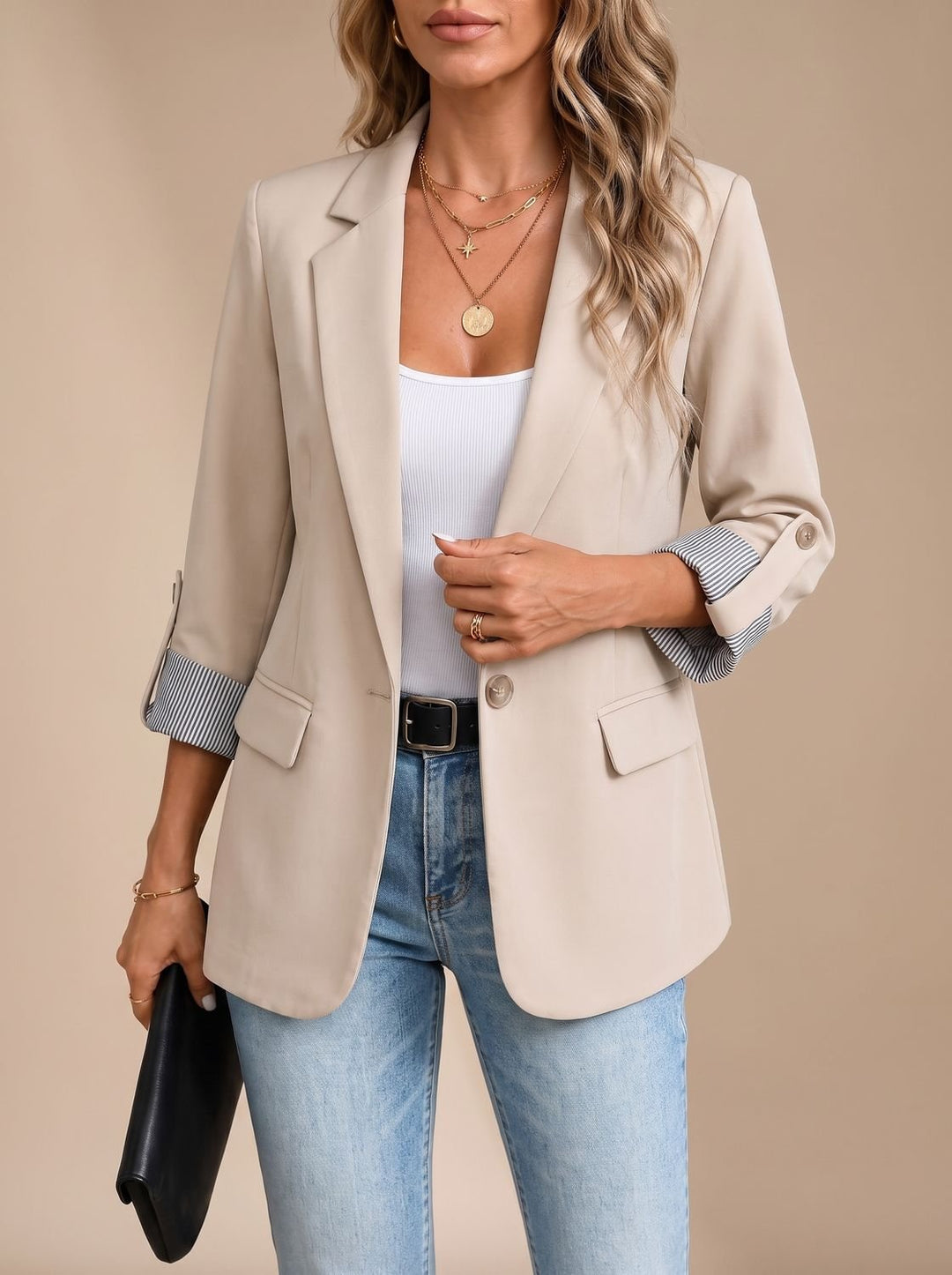 Dames Getailleerde Blazer Oprolbare Mouwen Gestreepte Manchetten - Abrikoos