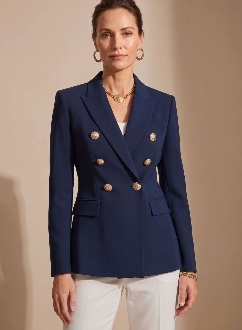 Dames Getailleerde Double-Breasted Blazer Goudkleurige Knopen - Zwart