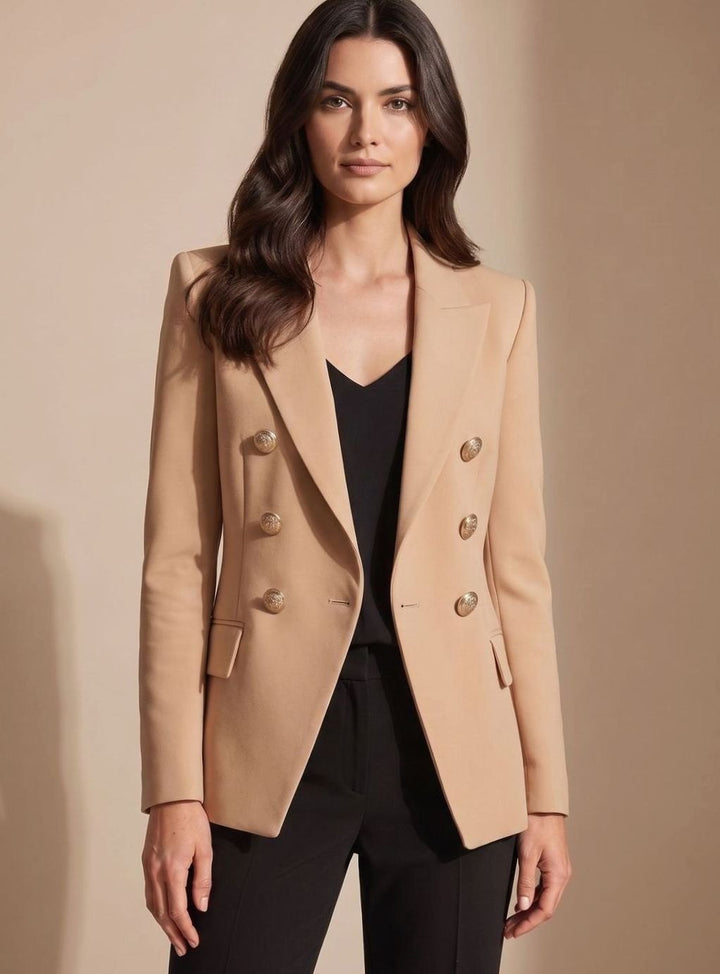 Dames Getailleerde Double-Breasted Blazer Goudkleurige Knopen - Khaki