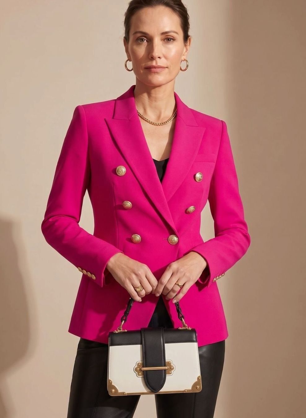 Dames Getailleerde Double-Breasted Blazer Goudkleurige Knopen - Roze