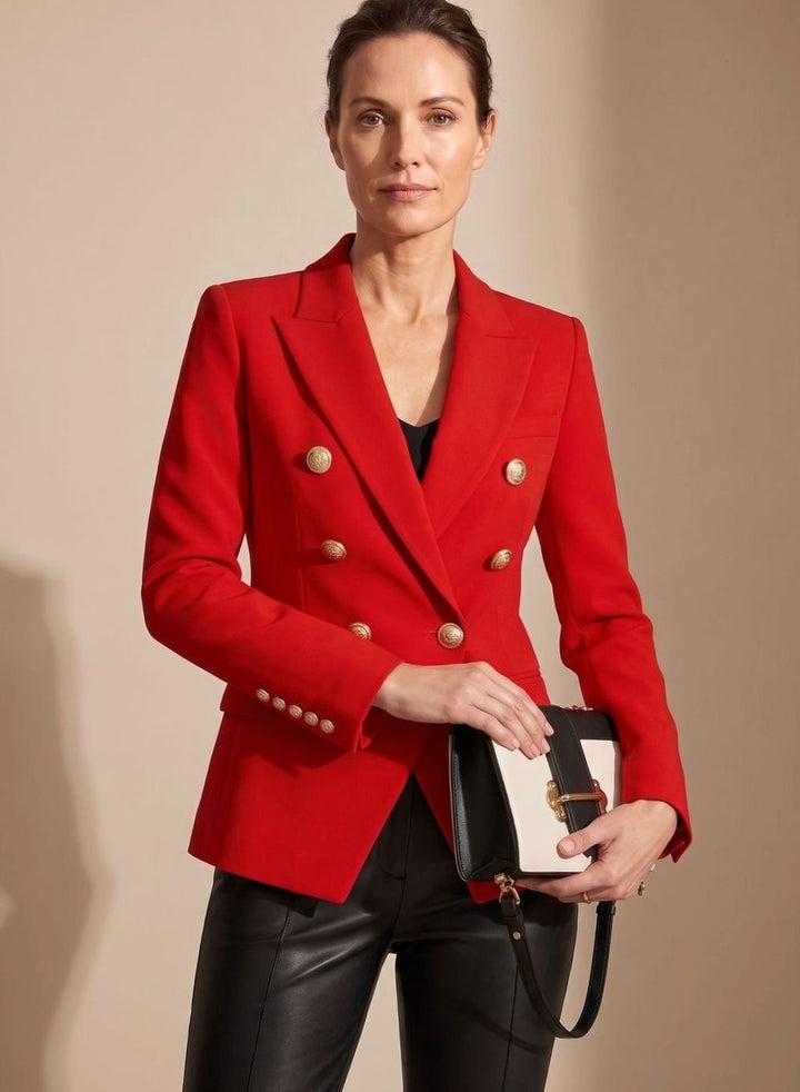 Dames Getailleerde Double-Breasted Blazer Goudkleurige Knopen - Rood
