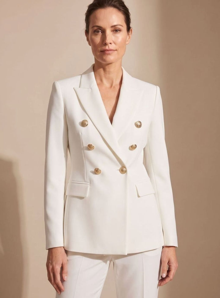 Dames Getailleerde Double-Breasted Blazer Goudkleurige Knopen - Wit