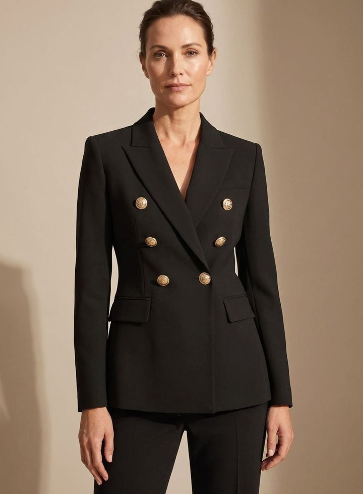 Dames Getailleerde Double-Breasted Blazer Goudkleurige Knopen