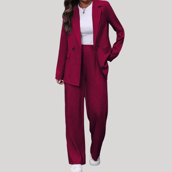 Dames Getailleerde Dubbele Rij Blazer Broekpak - Bordeaux