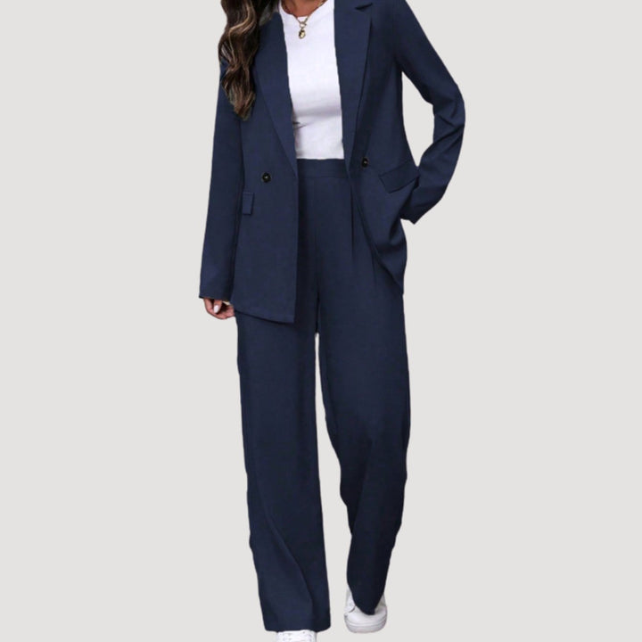 Dames Getailleerde Dubbele Rij Blazer Broekpak - Marineblauw