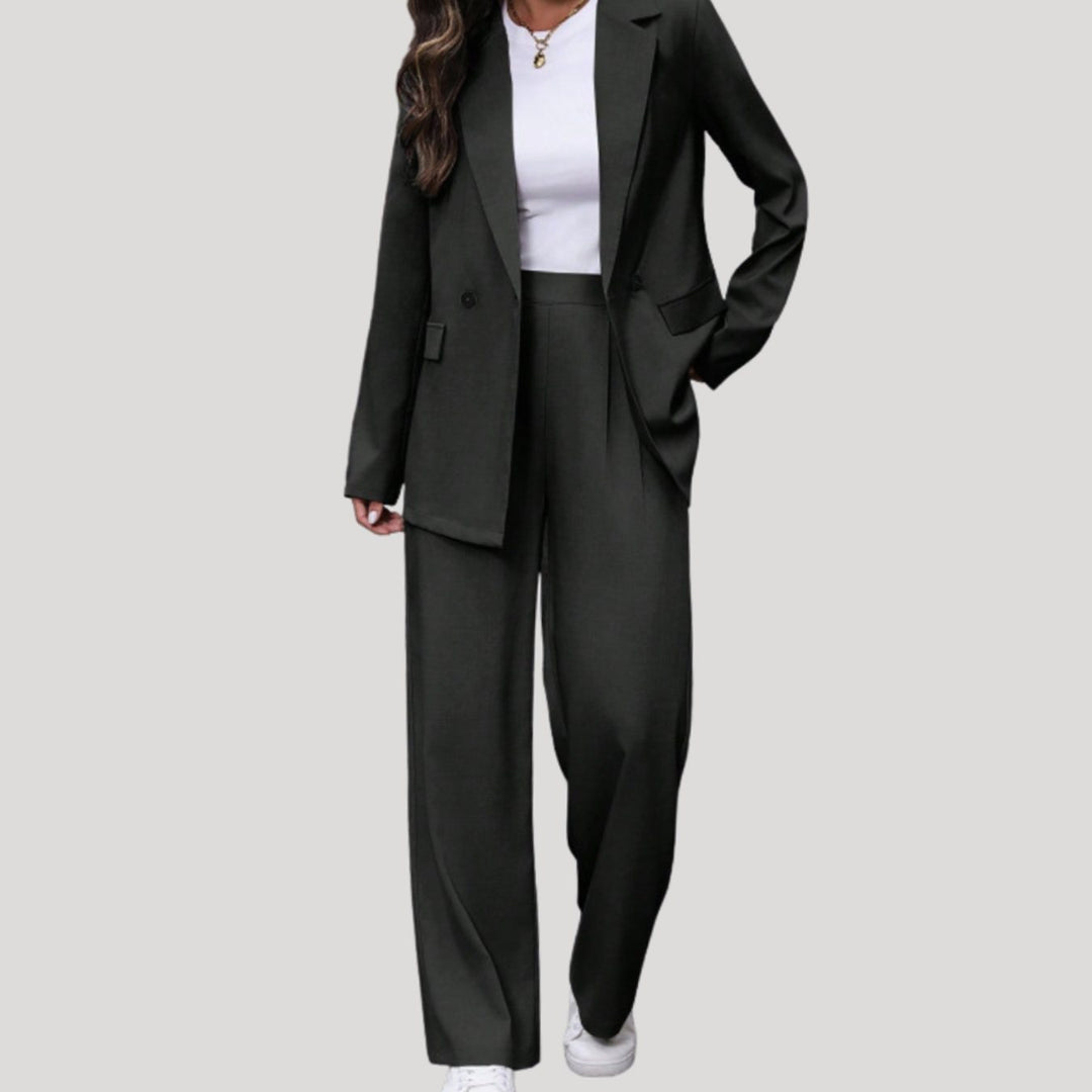 Dames Getailleerde Dubbele Rij Blazer Broekpak - Zwart
