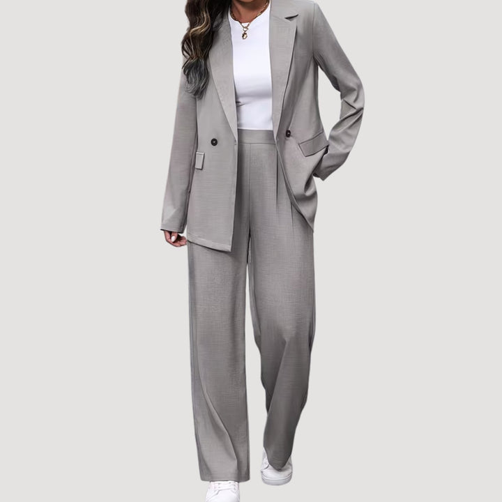 Dames Getailleerde Dubbele Rij Blazer Broekpak - Lichtgrijs