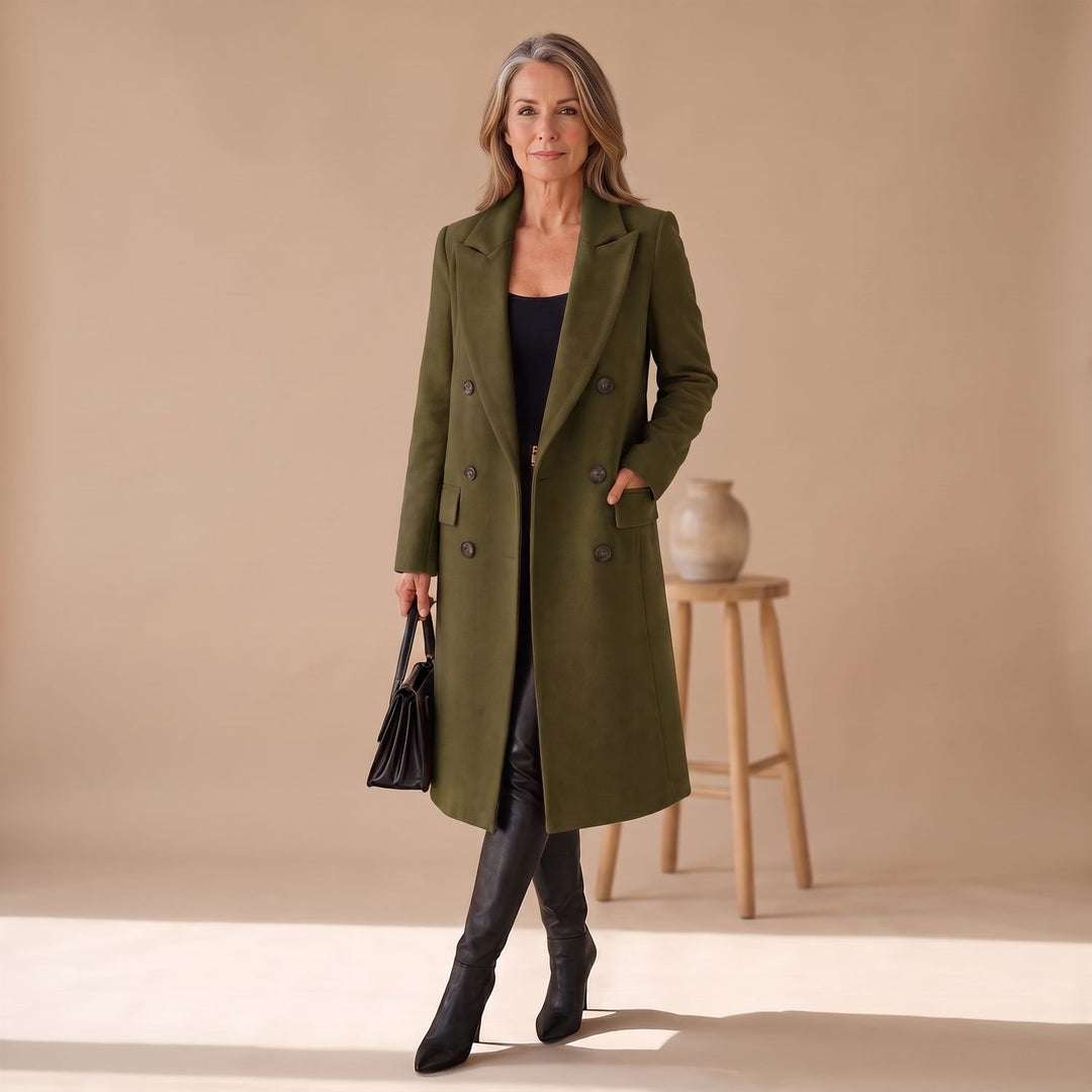 Dames Getailleerde Dubbele Rij Knopen Longline Winterjas - Legergroen