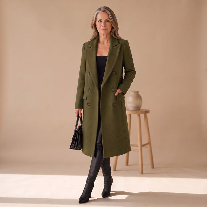 Dames Getailleerde Dubbele Rij Knopen Longline Winterjas - Legergroen