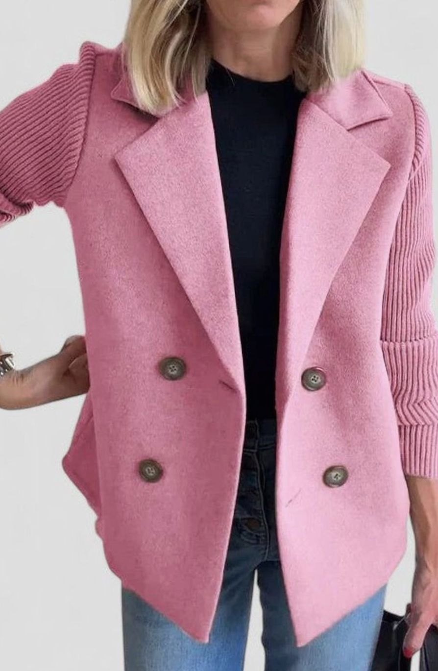 Dames Getailleerde Dubbelrijige Blazer Gebreide Mouwen - Roze