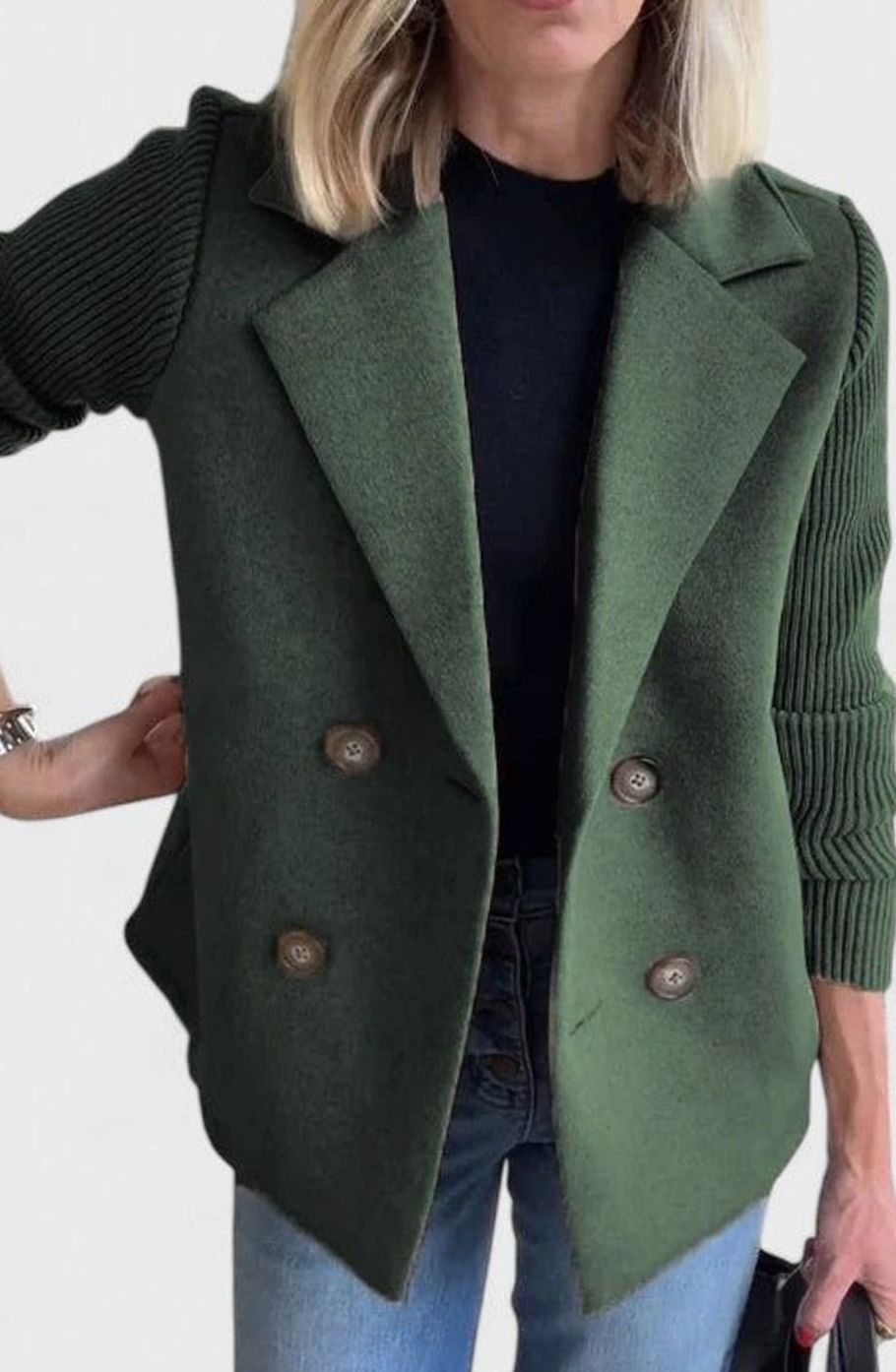 Dames Getailleerde Dubbelrijige Blazer Gebreide Mouwen - Groen