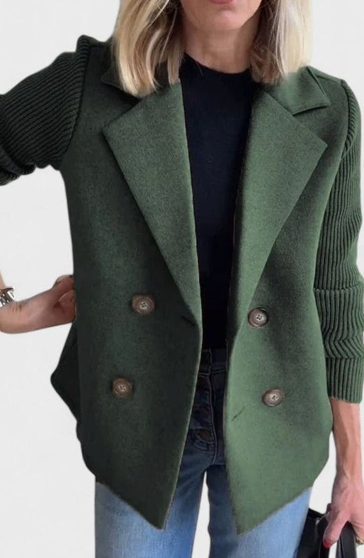 Dames Getailleerde Dubbelrijige Blazer Gebreide Mouwen - Groen