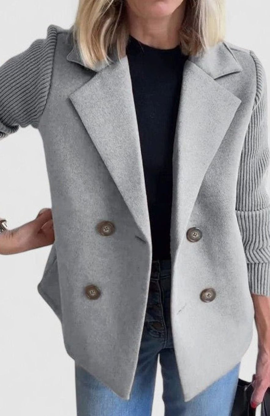Dames Getailleerde Dubbelrijige Blazer Gebreide Mouwen - Grijs