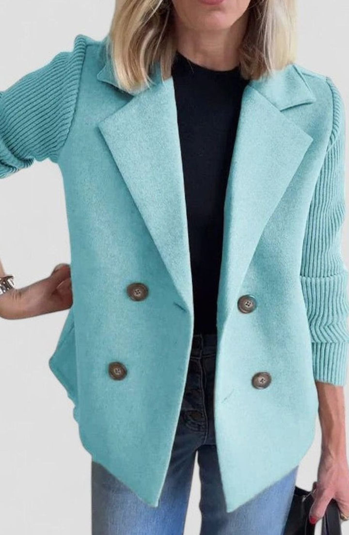 Dames Getailleerde Dubbelrijige Blazer Gebreide Mouwen - Lichtblauw