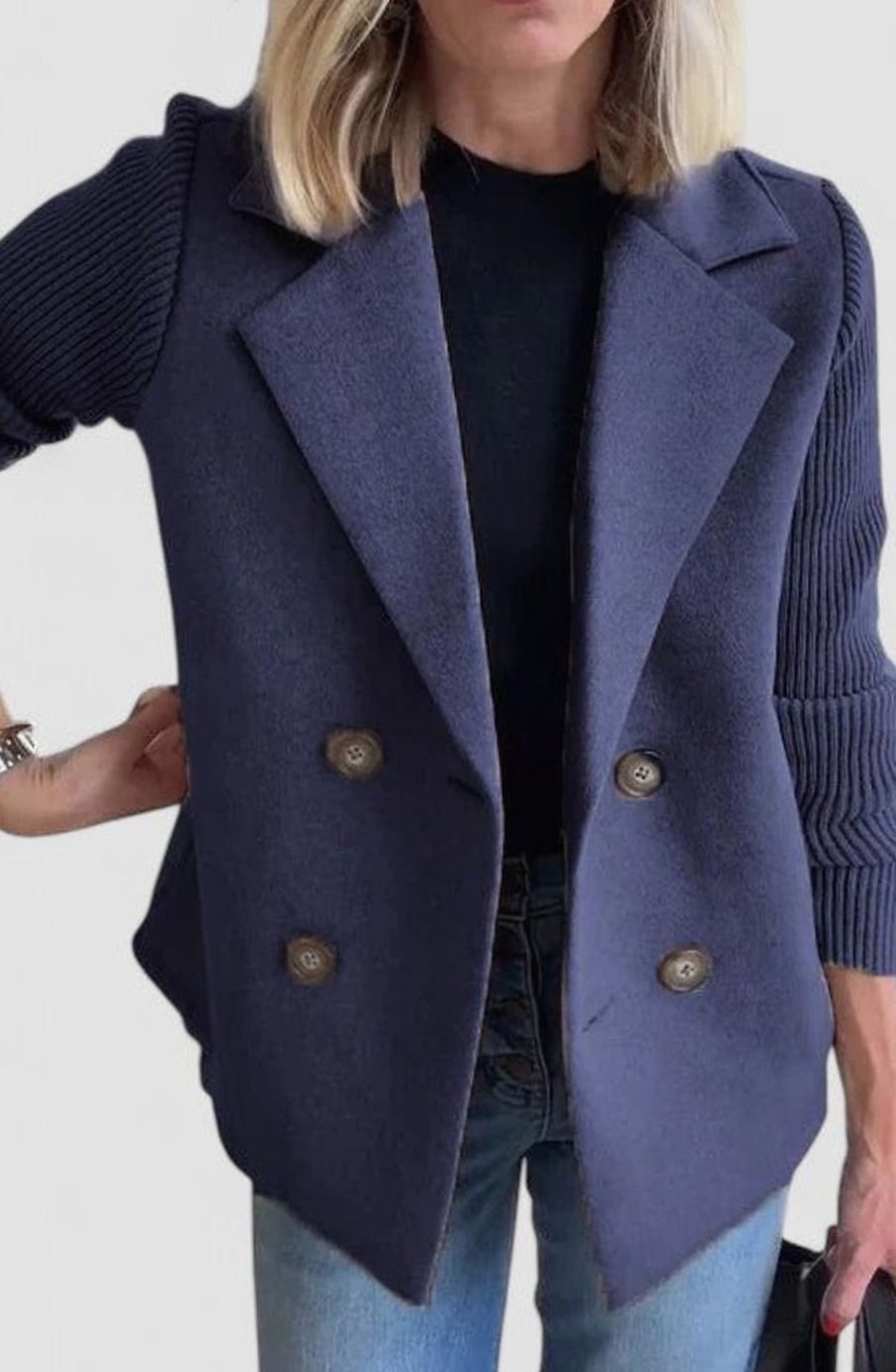 Dames Getailleerde Dubbelrijige Blazer Gebreide Mouwen - Blauw