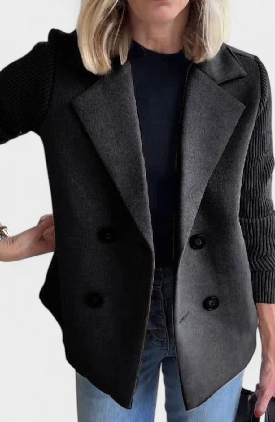 Dames Getailleerde Dubbelrijige Blazer Gebreide Mouwen - Zwart