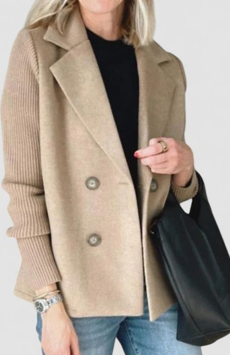 Dames Getailleerde Dubbelrijige Blazer Gebreide Mouwen - Khaki