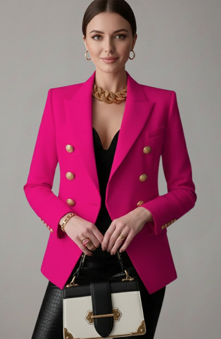 Dames Getailleerde Dubbelrijige Blazer met Goudkleurige Knopen - Roze