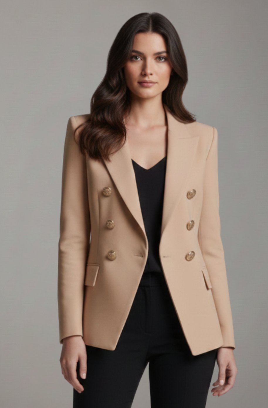 Dames Getailleerde Dubbelrijige Blazer met Goudkleurige Knopen - Khaki