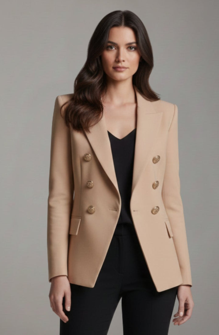 Dames Getailleerde Dubbelrijige Blazer met Goudkleurige Knopen - Khaki
