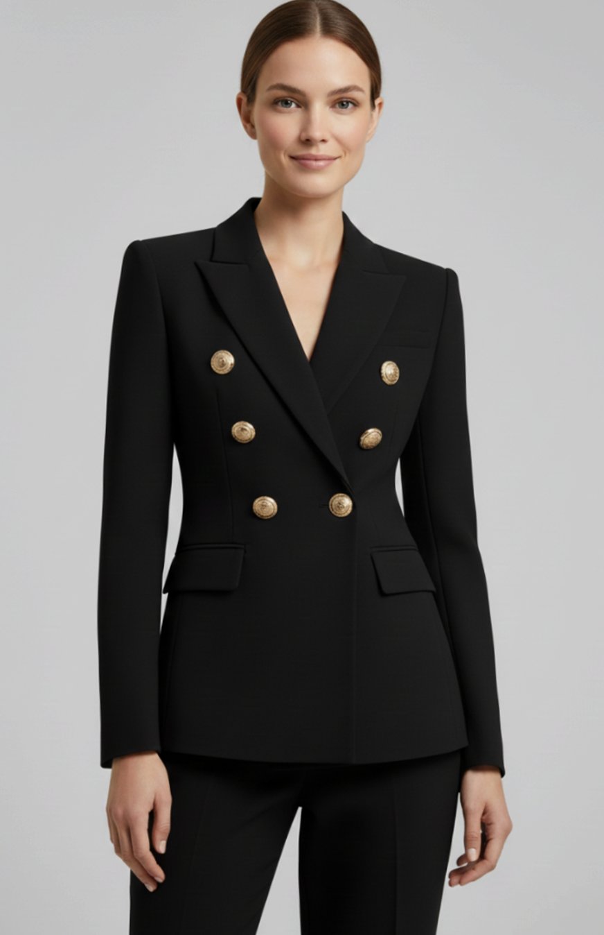 Dames Getailleerde Dubbelrijige Blazer met Goudkleurige Knopen